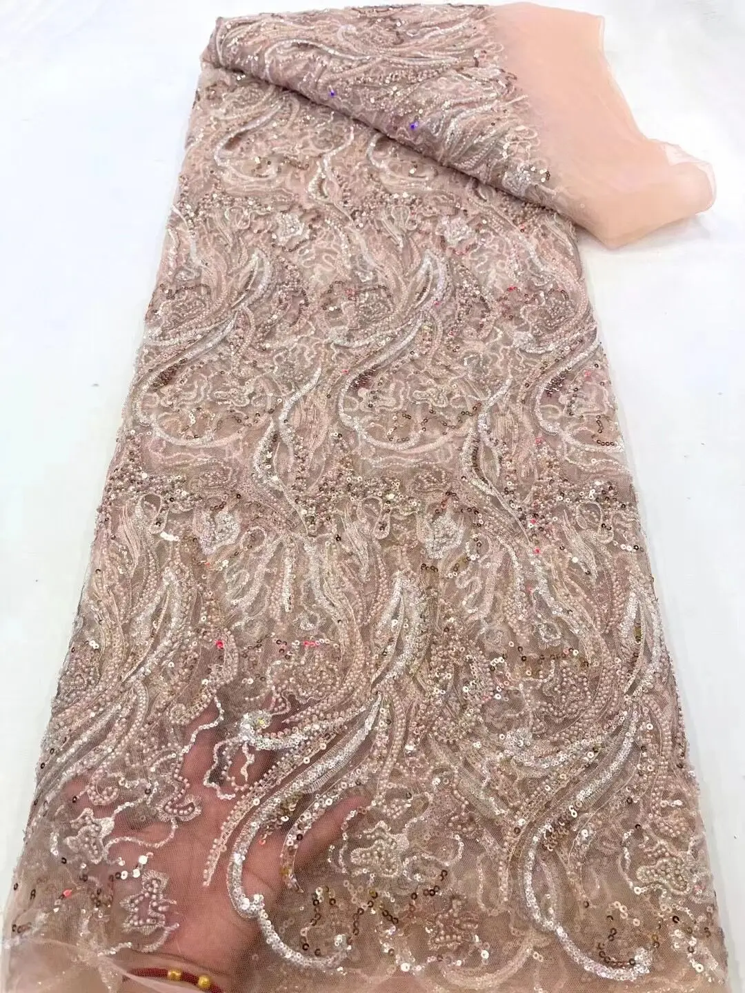 

High Quality S-1308303 African Nigerian Embroidery Sequins beads Tulle Lace Fabric Sewing Dresses Beads