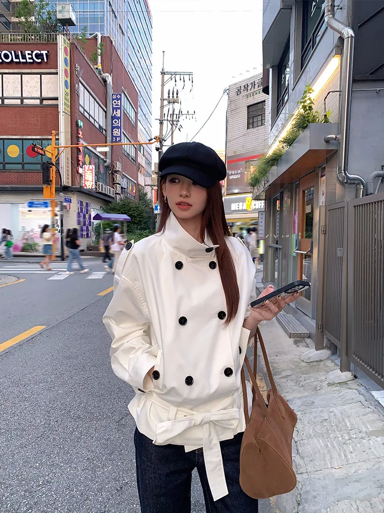 

Lumoder ort Casual Sle Women's Windbreaker White Loose Fit Belted Coat High Waist Commute Double Breasted Autumn Winter