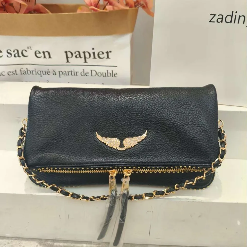 

2026 New Gothic Rhinestone Wing Shoulder Bag Edgy PU Leather Crossbody Metal Chain Studded Purse for Women