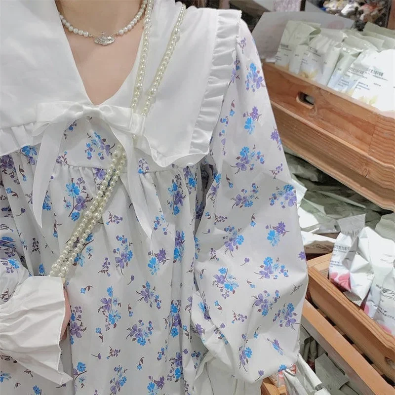 Kleider Frauen Floral Peter Pan Kragen Süße Reizende Frühling Rüschen Lose Langarm Herbst Koreanischen Stil A-line Kleid Neue