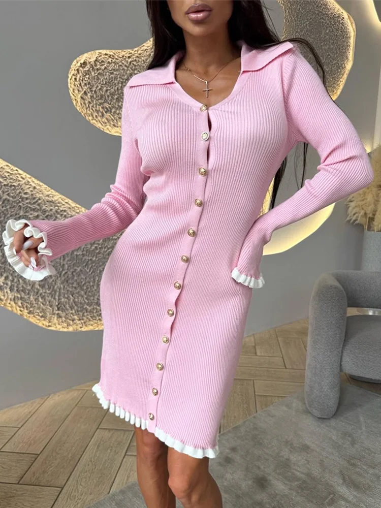 

Trendix Ruffle Knitted Dress Women's Autumn V Neck Patchwork Button Long Sleeve Dresses High Waist Knit Elegant Evening Dress