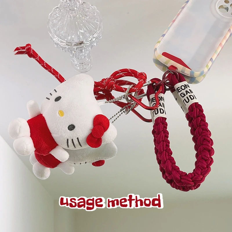 Sanrio Red bow tie Plush HelloKitty Mobile phone case pendant Chain Lanyard Strap Bead Cord Keychain For iPhone Hanging Rope