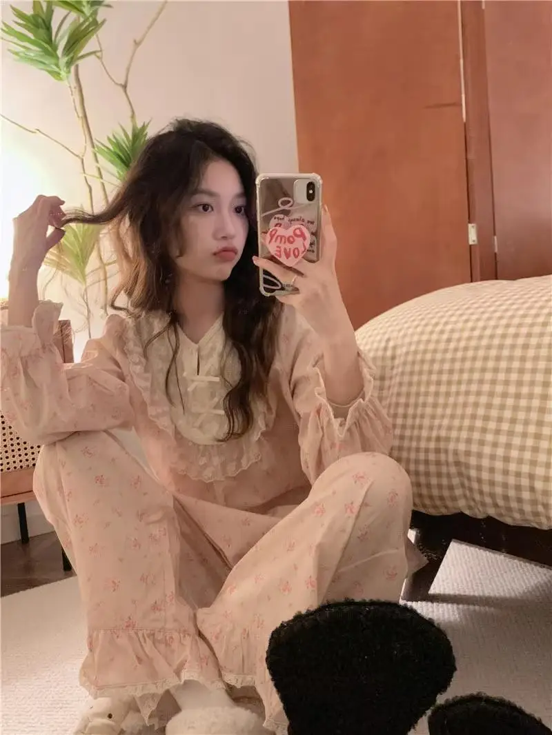

Sweet Floral Lace Trim Spwear Set Women's Long Sve Long Pants Home Clothes Spring Autumn ular Retro Sle Polyester ...