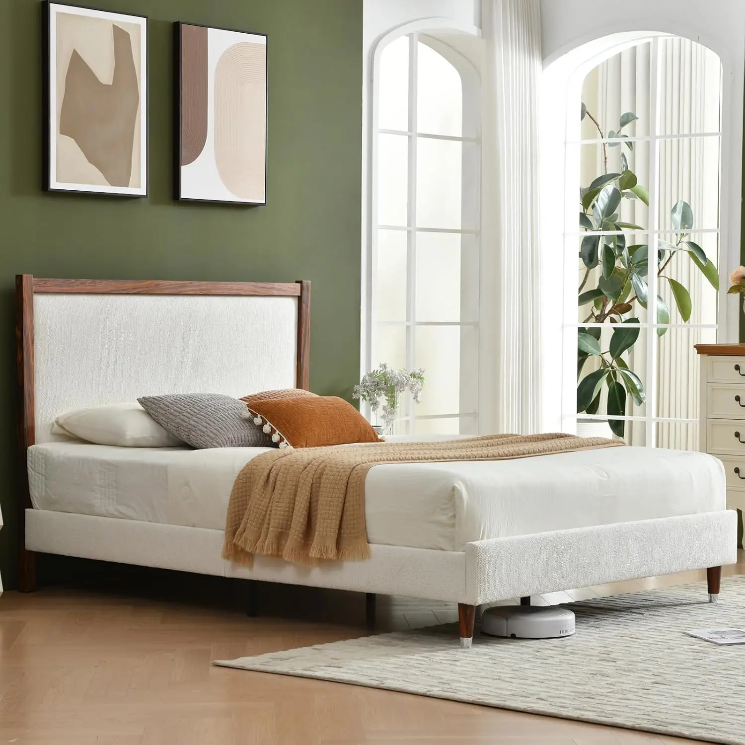 Queen Size Upholstered Platform Bed Frame with Wood Trim Headboard | Cream Queen bed frame/Linen Fabric, Customized