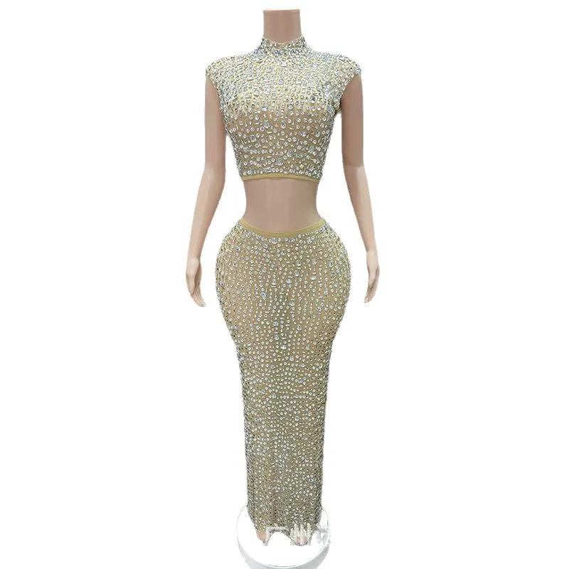 

Shining Rhinestones Elegant Apricot Split Two-Piece Adult Model Catwalk Trendy Cocktail Party Dress Vestidos Para Fiesta De Lujo