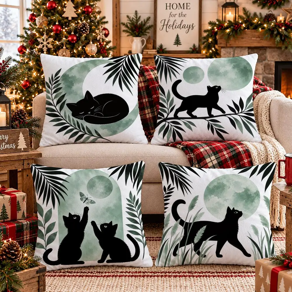 Sage Moon Cat Silhouette Cushion Cover 1/4PCS Short Plush Pillow Cover Set Soft Decorative Cushion Case for Sofa Bed Home Decor
