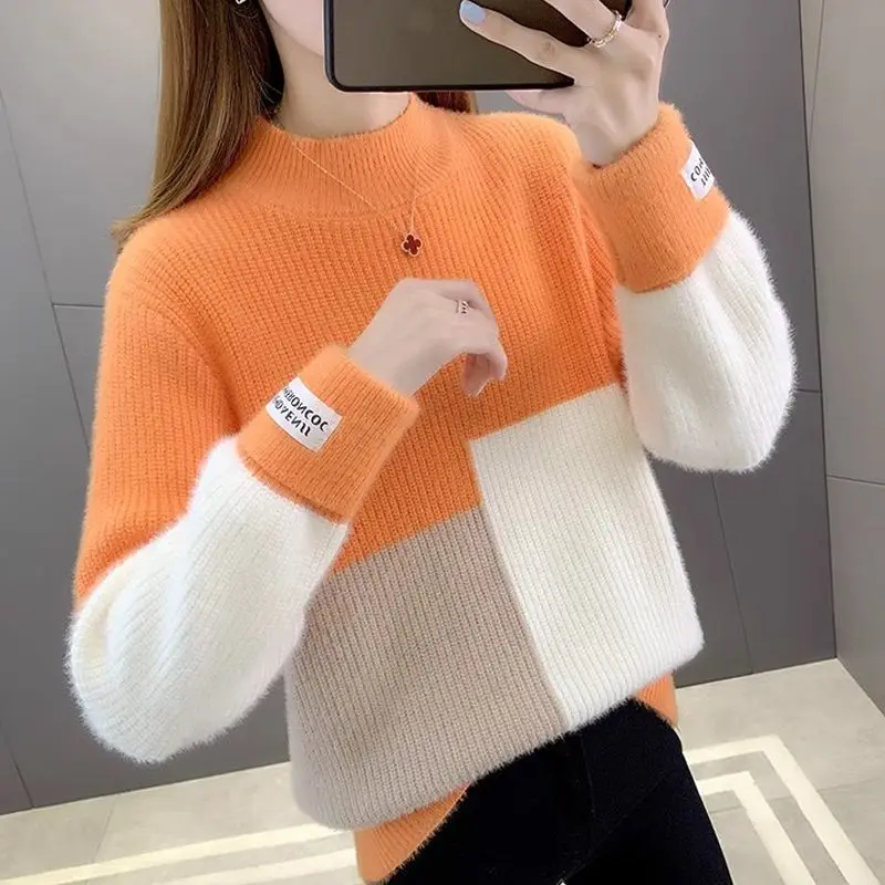 Coltrui Vrouwen Dikker Color Blocking Nertsen Bont Gebreide Trui Herfst Winter Losse Basic Trui Jas Femme Jumper
