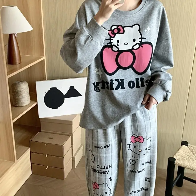 Women's Clothing Spring Autumn Cartoon Hello Kittys Printing Pajamas Girly Long Sleeves Trousers Can Be Worn Outside Pajama Set