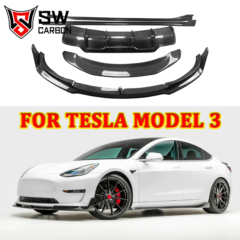 V Style Carbon Fiber Body Kit For Tesla Model 3 Upgraded Front Bumper Lip Side Skirts Rear Diffuser Spoiler Body Kits