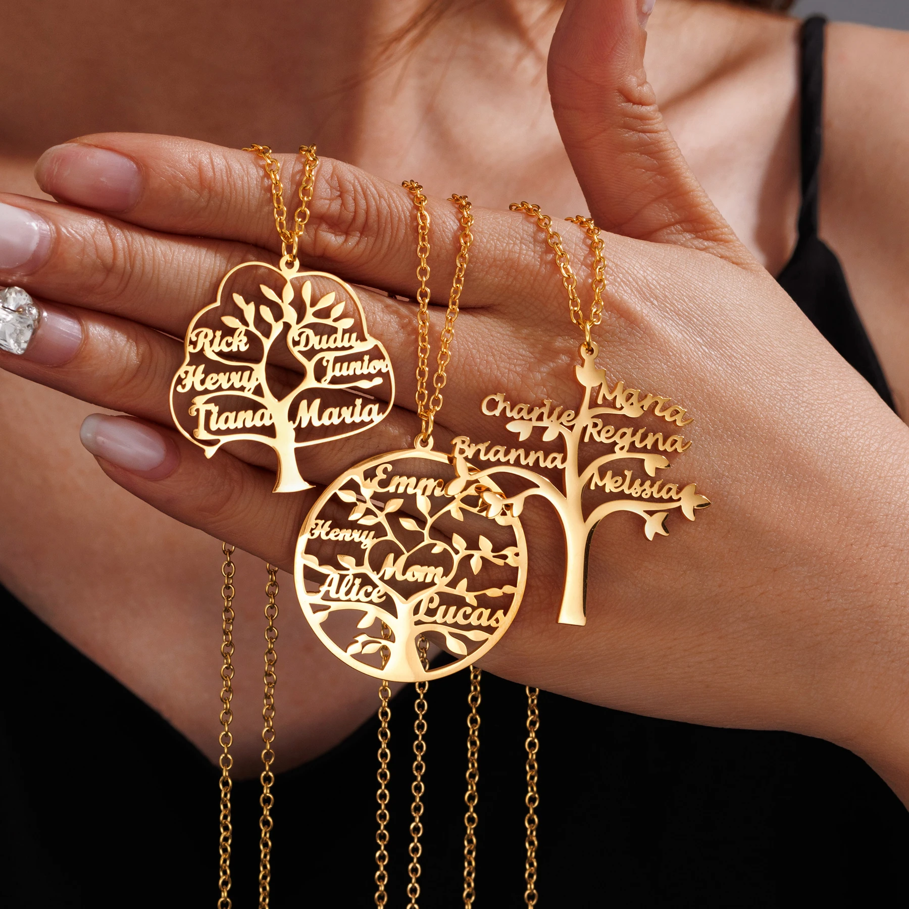 Diamon Custom Tree of Life Names Necklace Personalized Gold Stainless Steel Family Tree Pendant Choker Jewelry Christmas Gifts