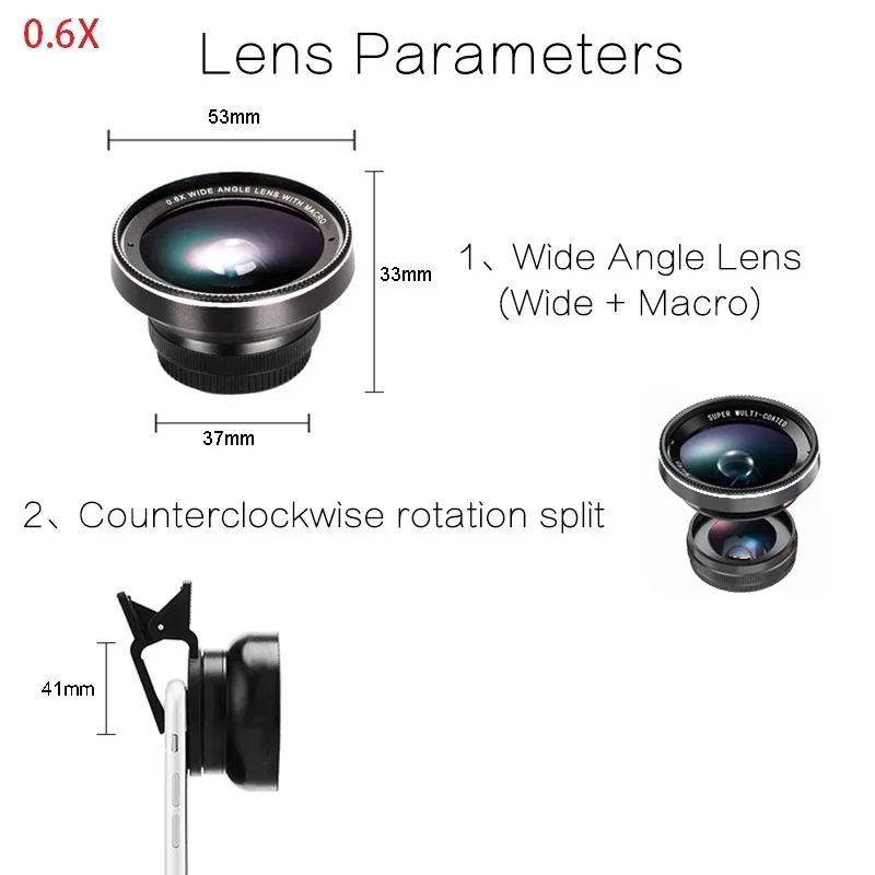 37MM 15X Macro Lens 4K HD Professional Photography Phone Camera Lens for Eyelashes Diamond Jewelry 0.6X Wide Angle Lens for Smar