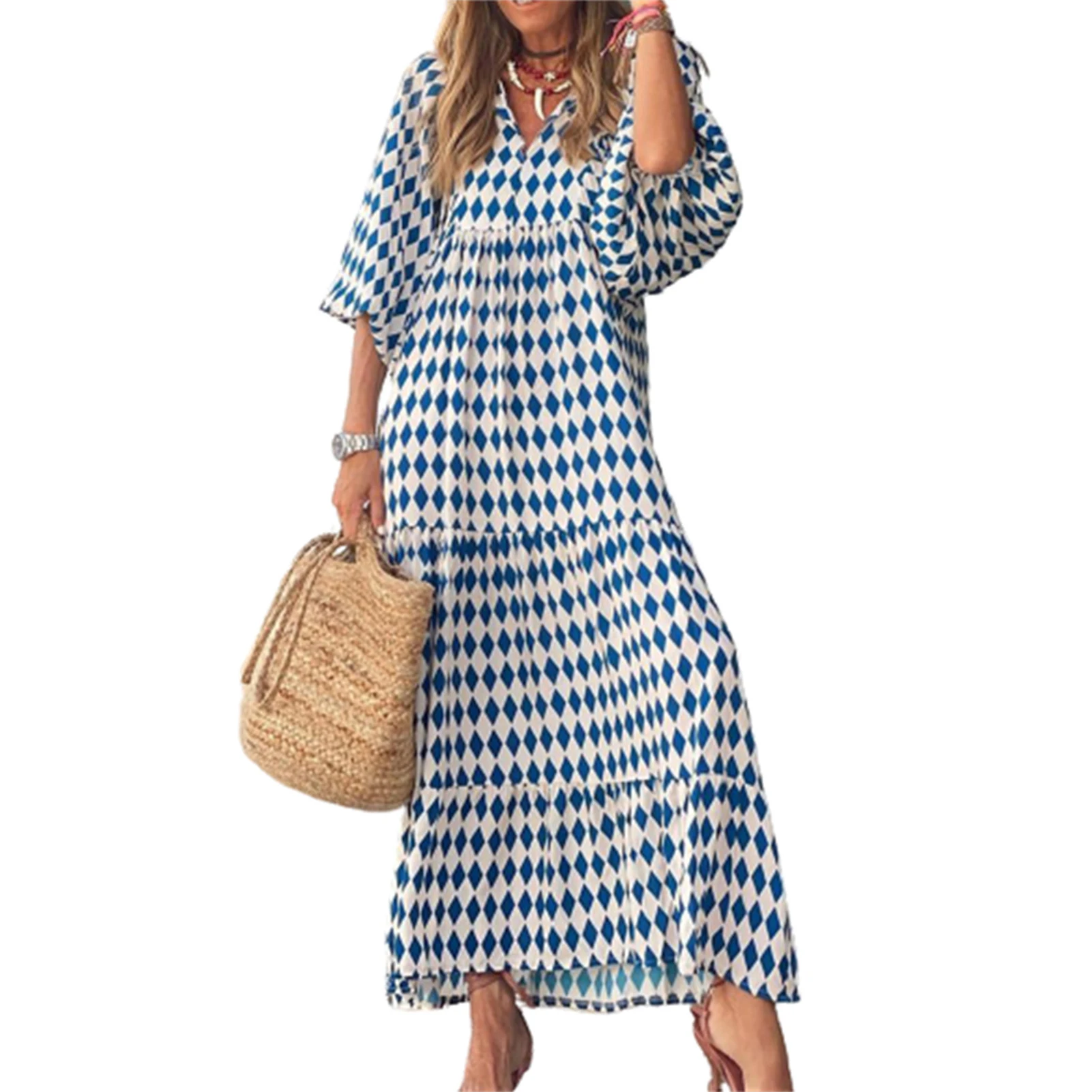 

Women's Summer V Neck Dress Puff Short Sleeve Beach Cover-up Loose Fit S-5XL Printed Patterns Long Swing Dress