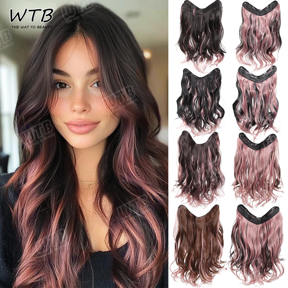 Synthetic Long Wavy 5 Clip In Hair Extensions 18Inch Synthetic Fiber Heat Resistant Hairpiece Black Pink False Hair Daily Use