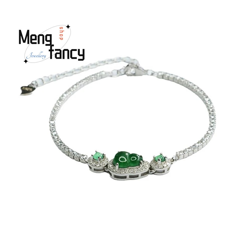 S925 Silver Lnlaid Natural Jadeite Ice Type Imperial Green Gourd String Bracelet Exquisite Elegant High-grade Fashion Jewelry