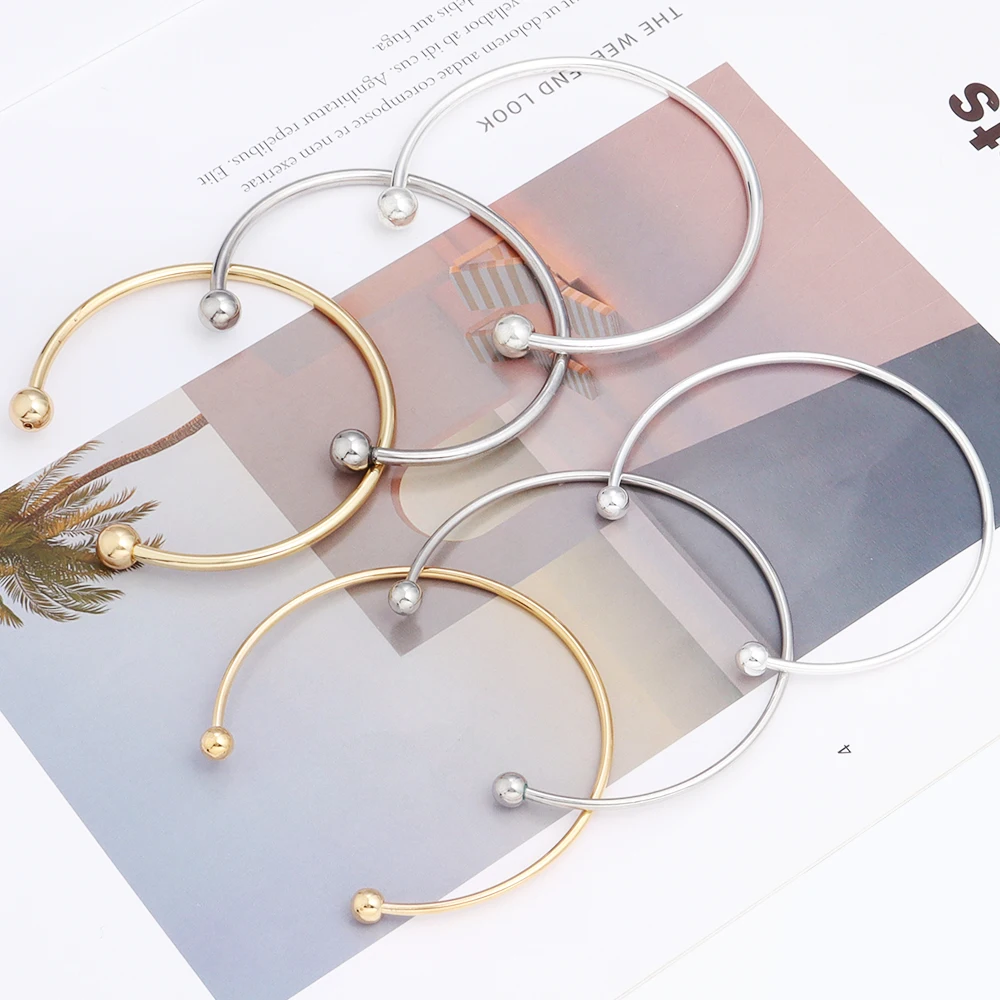 Louleur Copper European Silver Color Adjustable Cuff Open Bangles for Women xpandable Wire Bangles Bracelets With Bead Charms