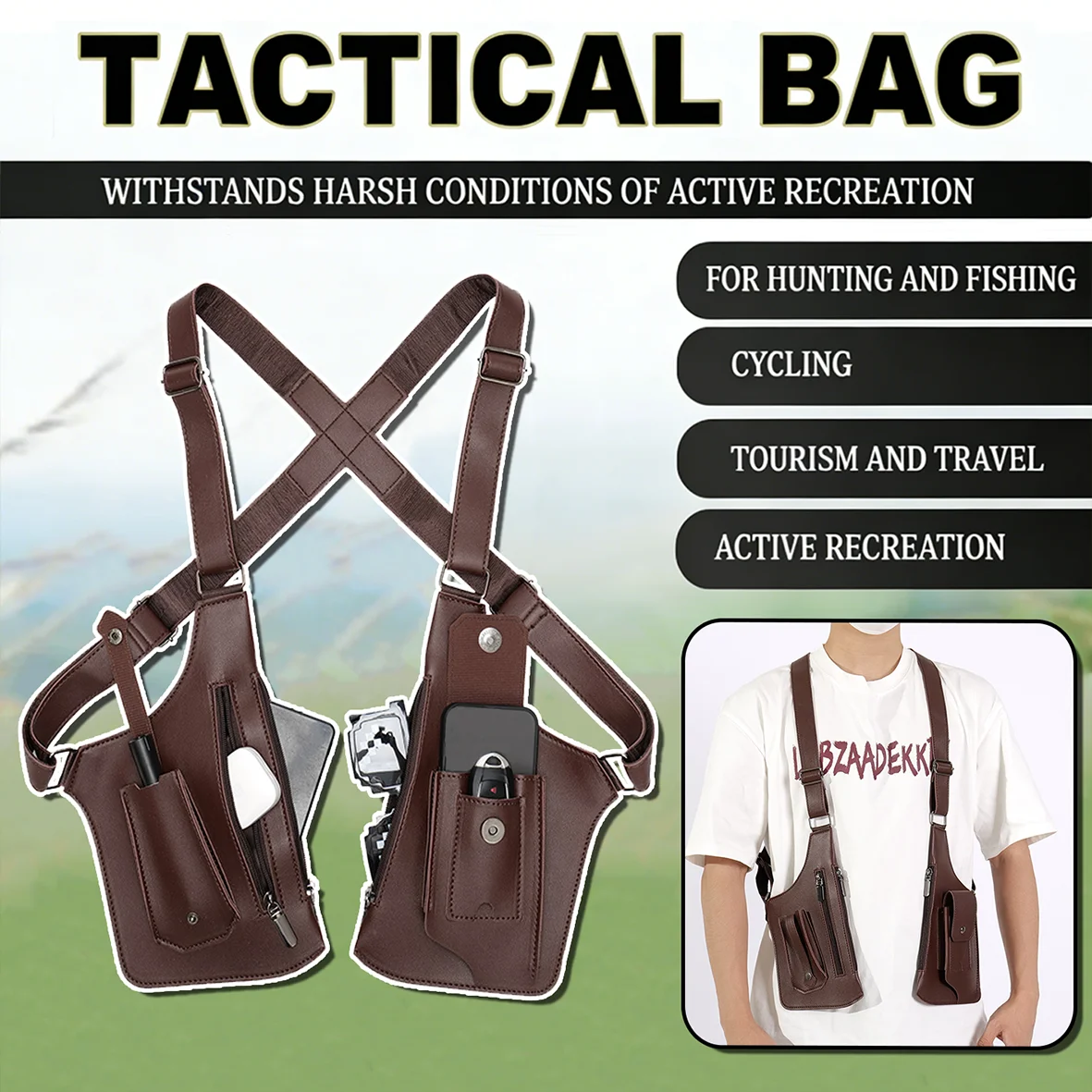 

Retro Double Shoulder Strap Multi-pocket Outdoor Anti-theft Tactical Chest Bag, PU Leather, Multi-purpose Men's Messenger Bag.