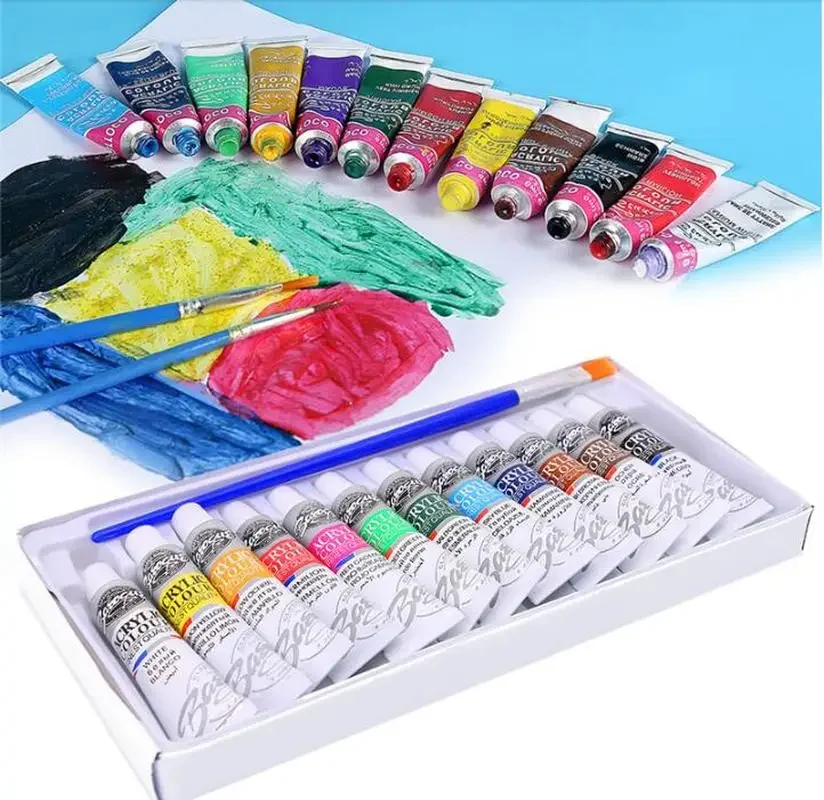 Profissional Acrílico Aquarela Tinta Set, cerâmica Pedra Tintas Escova, DIY Pintura Da Arte, Material Escolar, 12 cores por conjunto