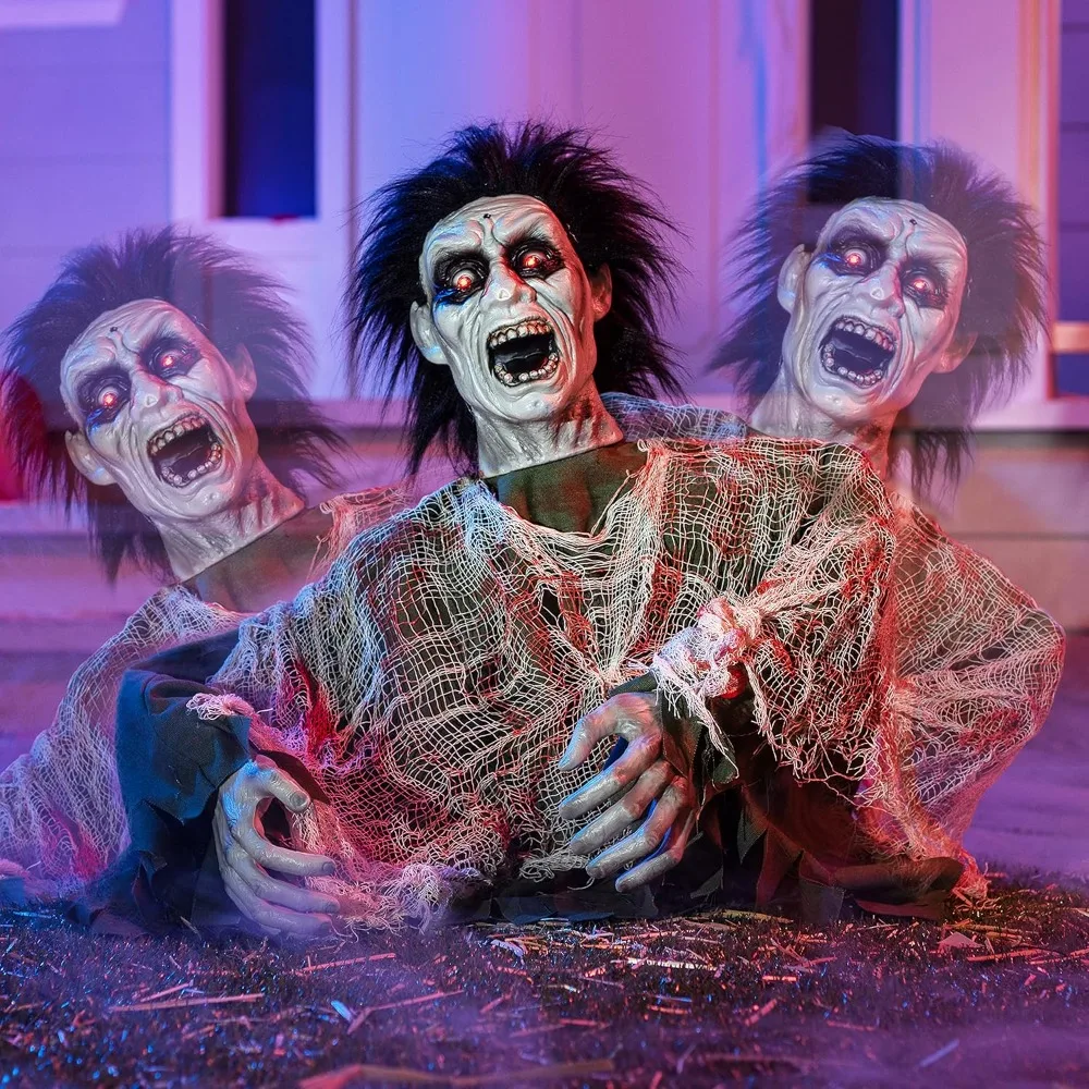 Halloween Props Movable Groundbreaker Zombie with Scary Sound and Glowing LED Eyes, Sound Induction Halloween Outdoor