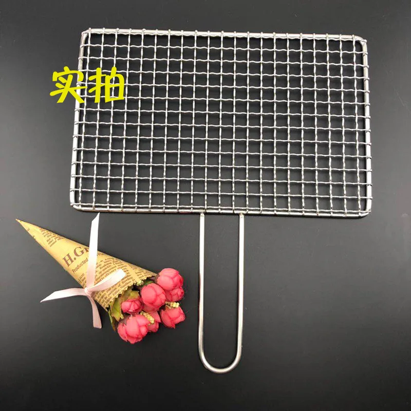 304Stainless Steel Barbecue Net Barbecue Racket Mesh Mesh Plate Iron Net Double-Edged Fine-Toothed Comb Curtain Bold with Handle