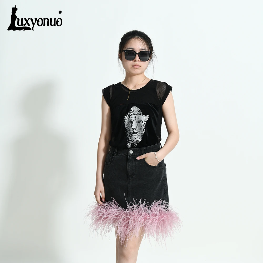 Luxyonuo Denim Skirt For Women With Real Ostrich Feather Spring Fashion Feather Dress Girl Summer Short Jeans Skirt Coquette New