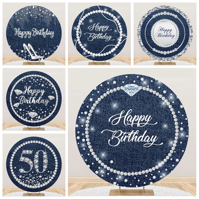 

Denim Blue Birthday Round Backdrop for Photography Diamonds Pearl Glistering Silver Heels Women Birthday Party Background