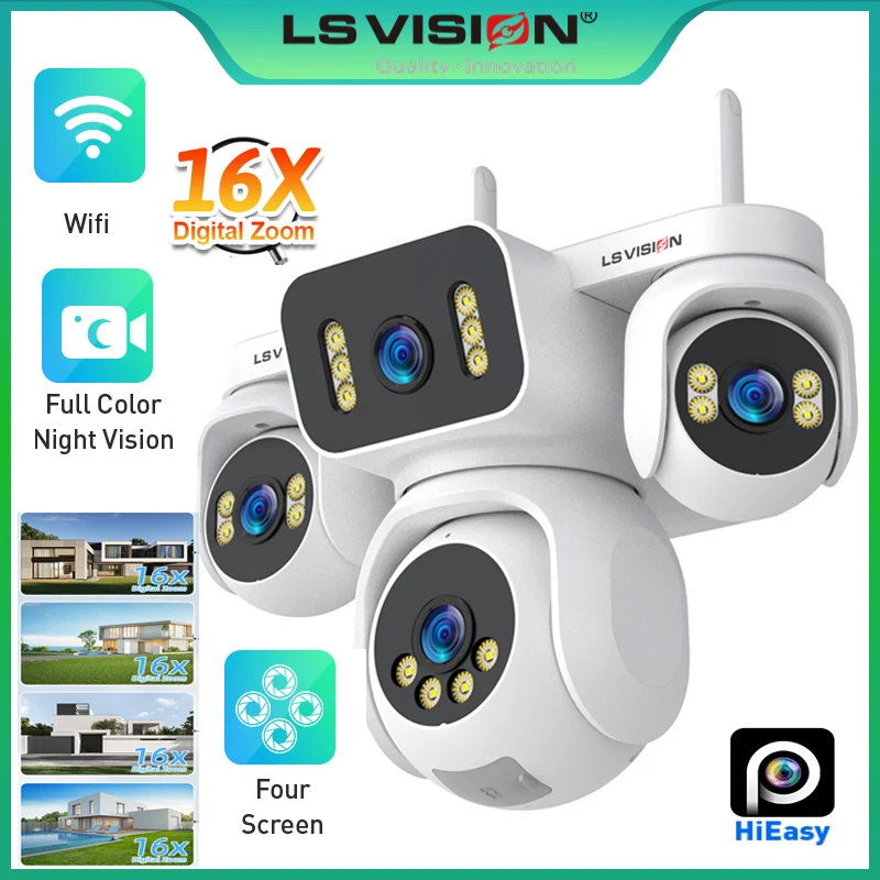 LS VISION 20MP واي فاي كاميرا الأمن في الهواء الطلق مع 4 شاشات 16X التكبير رباعية عدسة PTZ تتبع السيارات مقاوم للماء للرؤية الليلية CCTV
