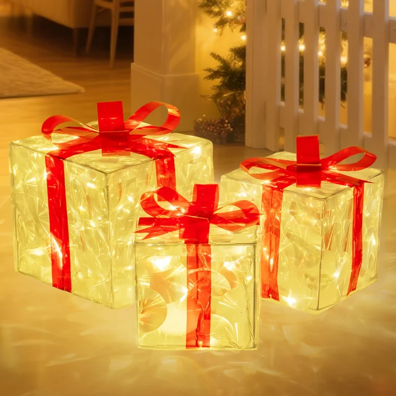 3-Pack Box Fairy Lamps, luminous box decorations with ribbons, 8 light modes, USB/battery dual power supply,