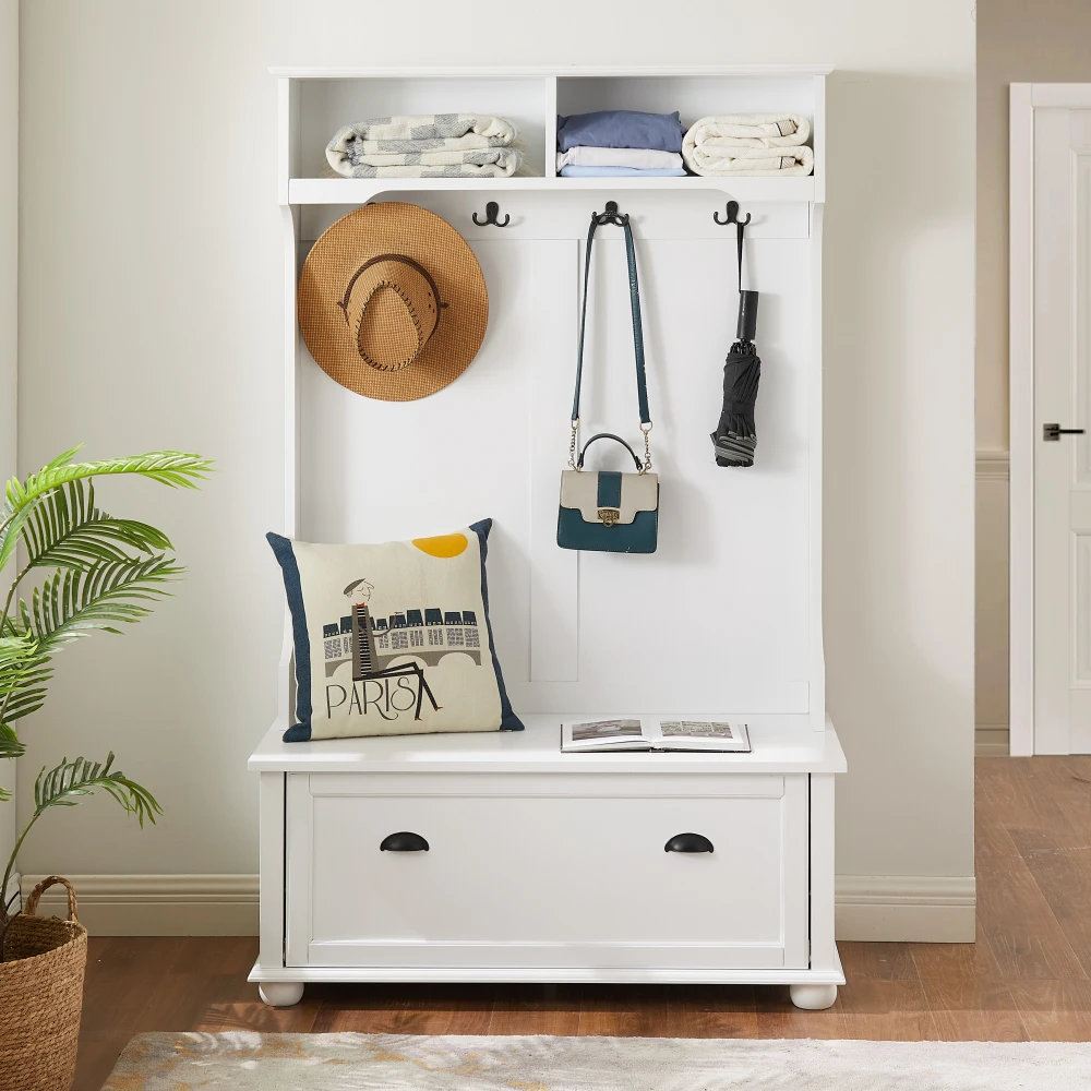 Classic Cosatal Style Hall Tree Entryway Bench with Open Shelves and Shoe Cabinets SOLID WOOD Feet White 40.16