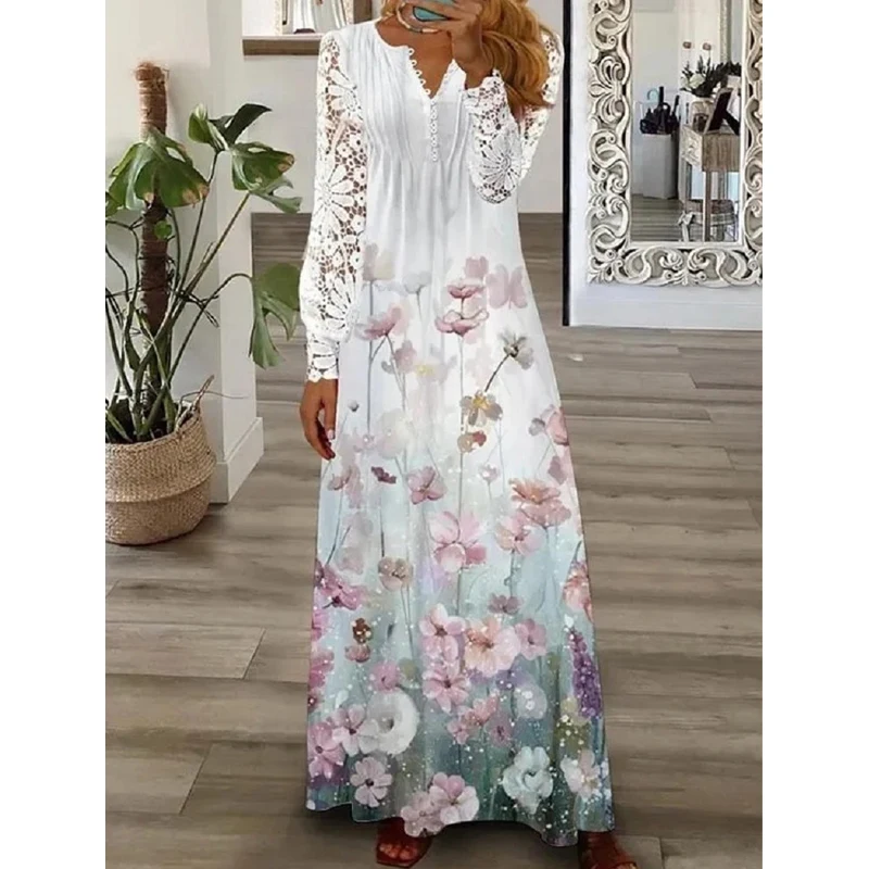 Imagem -04 - Vestido Maxi Estampado Floral Feminino Sexy com Gola v Patchwork com Renda Elegante Vestidos de Festa Moda Outono Roupões de Manga Longa Soltos