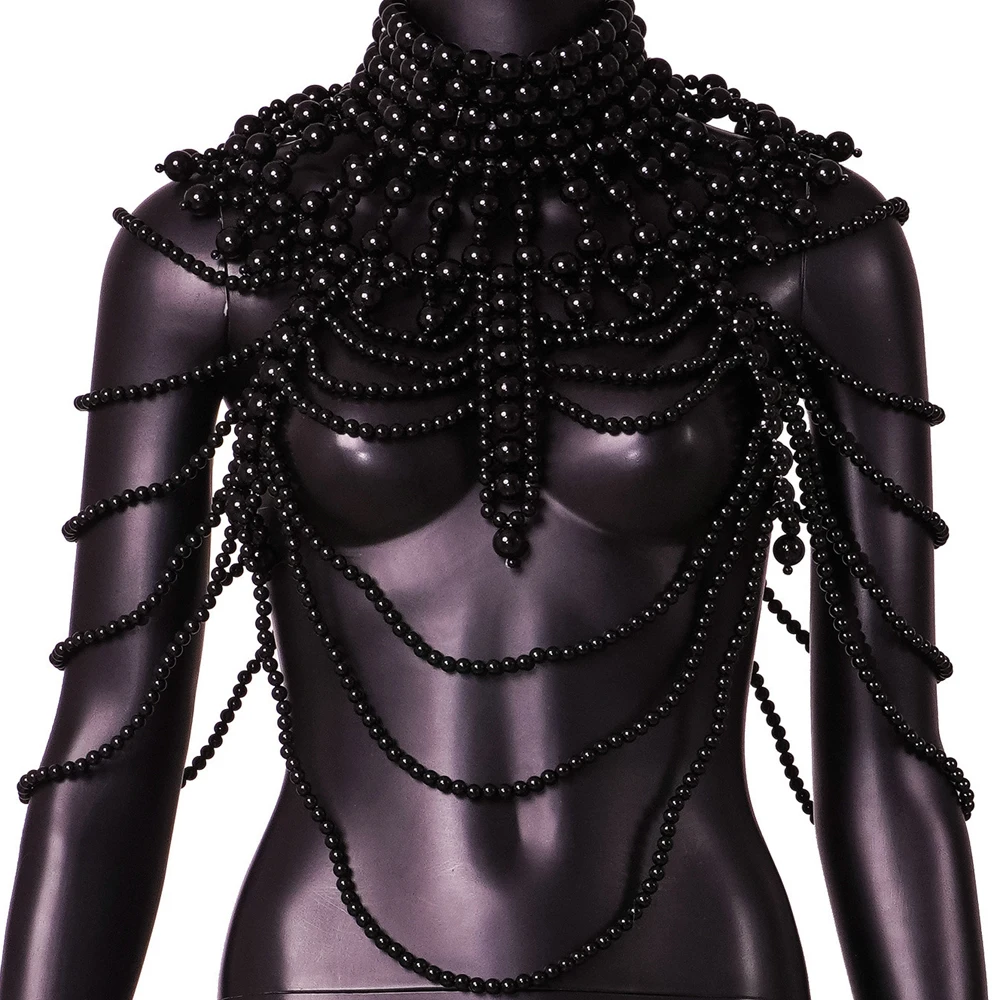 Fashion Imitation Pearl Shoulder Decoration Necklace Wedding Jewelry Beach Top Black Bead Body Chain Lingerie Dress for Women