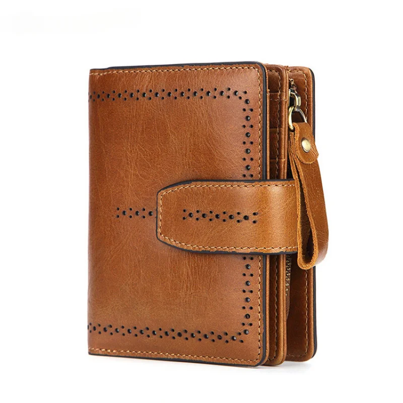 Western RFID Blocking Cowhide Leather Women Wallet Fashion Large Capacity Zipper Short Coin Purse for Ladies