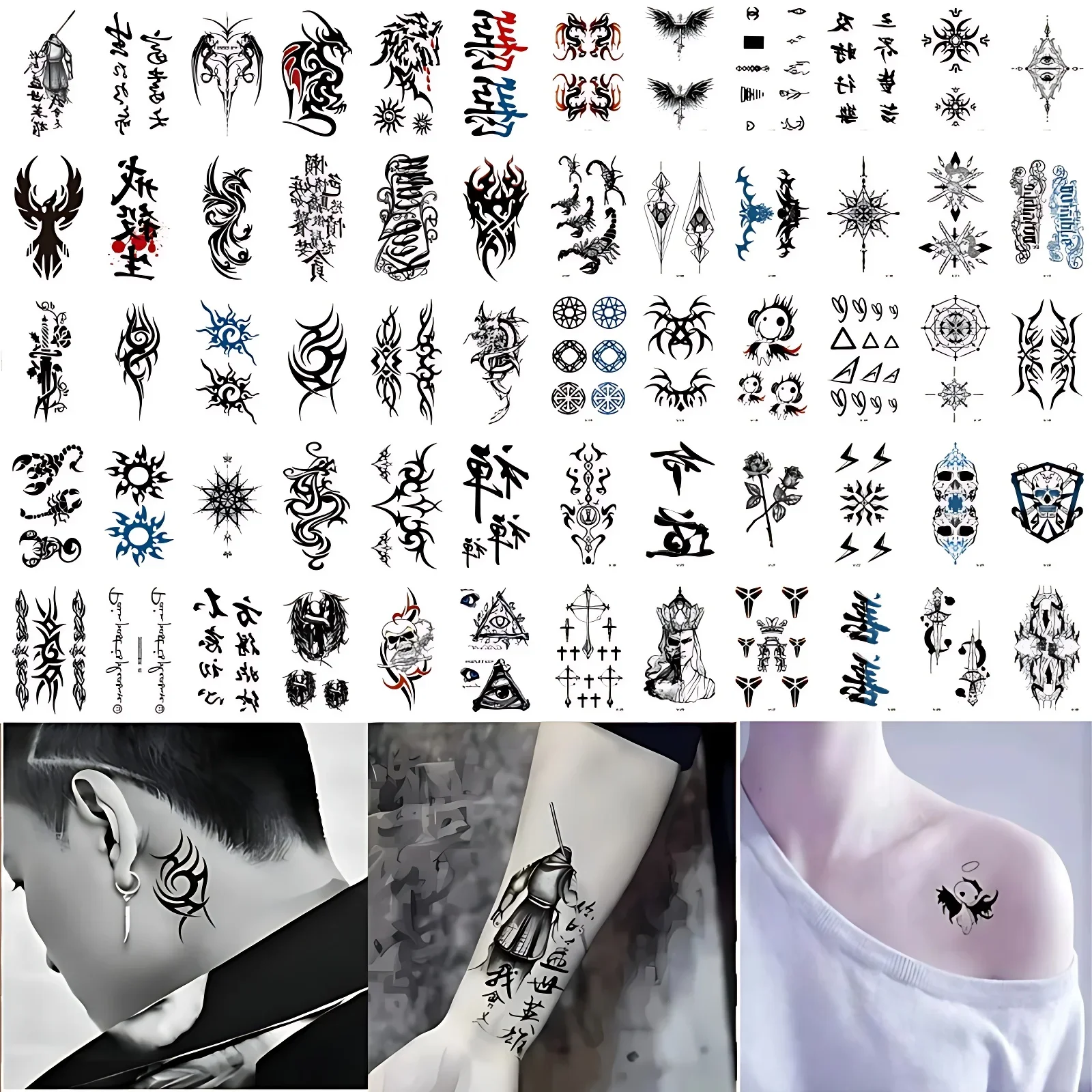 60pcs/pack Transfer Tattoo Sticker Eagle Scorpion Eye Lightning Bat Chinese Letter Totem Ring Arm Belly Back Temporary Tattoo