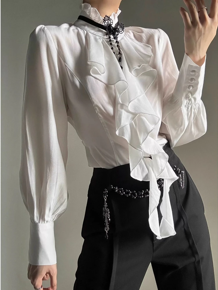 

Deeptown White Ruffles Elegant Vintage Women Blouses Black Y2k Victorian Gothic Long Sleeve Stand Collar Shirts Loose Preppy
