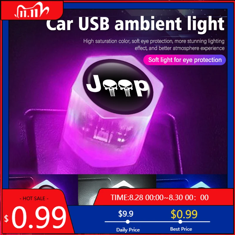 Porta-copos atmosfera do carro usb mini luz led ambiente lâmpada colorida para jeep grand cherokee compass patriot renegado wrangler