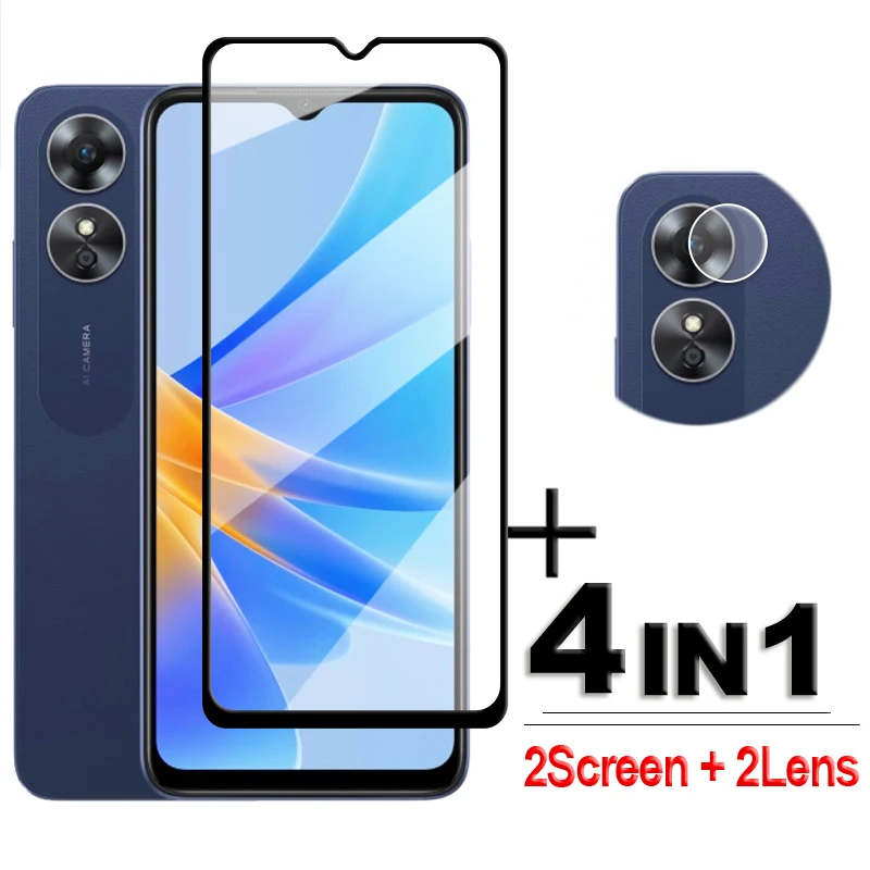 4in1 For OPPO A17 Glass For OPPO A15 A16 A17K A17 Tempered Glass 2.5D Full Cover Screen Protector OPPO A17 Lens Film 6.56 inch