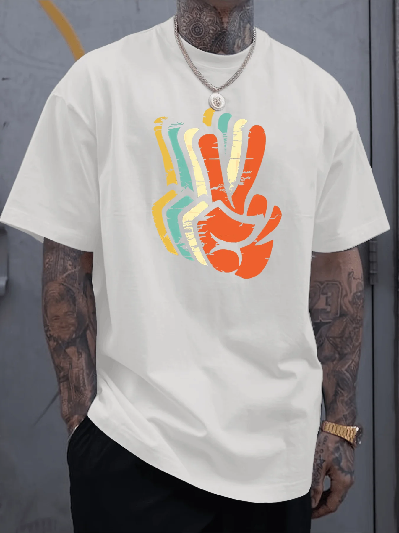 Men's retro pattern printed short-sleeved T-shirt: Black base shirt, colorful peace logo and abstract gesture design