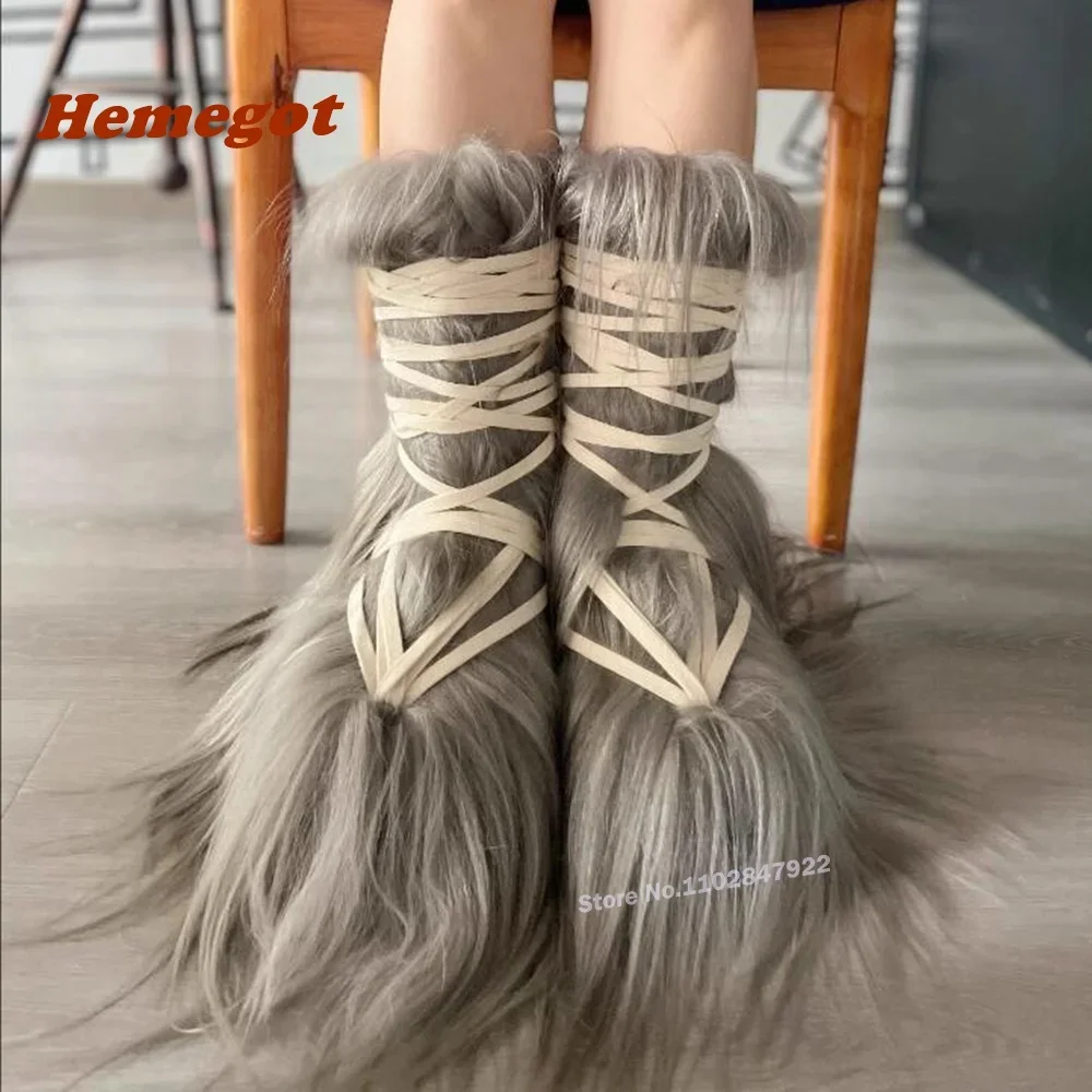 Platform Cross Strappy Warm Winter Women's Boots Plush Lace Up Knee High Boots Casual Spicy Girls Luxury Runway Shoes Sexy Booty
