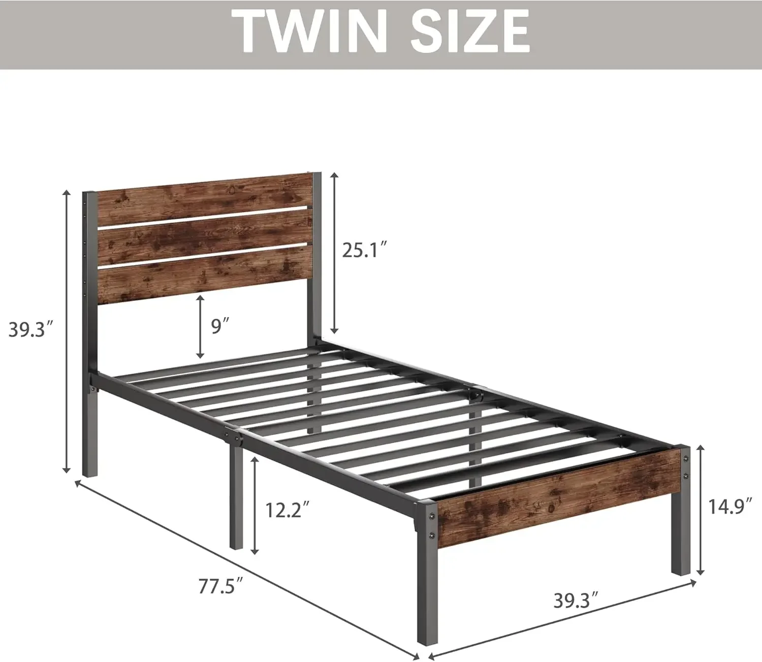 Twin Bed Frame with Headboard and , Metal Twin Bed Frame with Under Bed Storage, All-Metal Support System, No Box