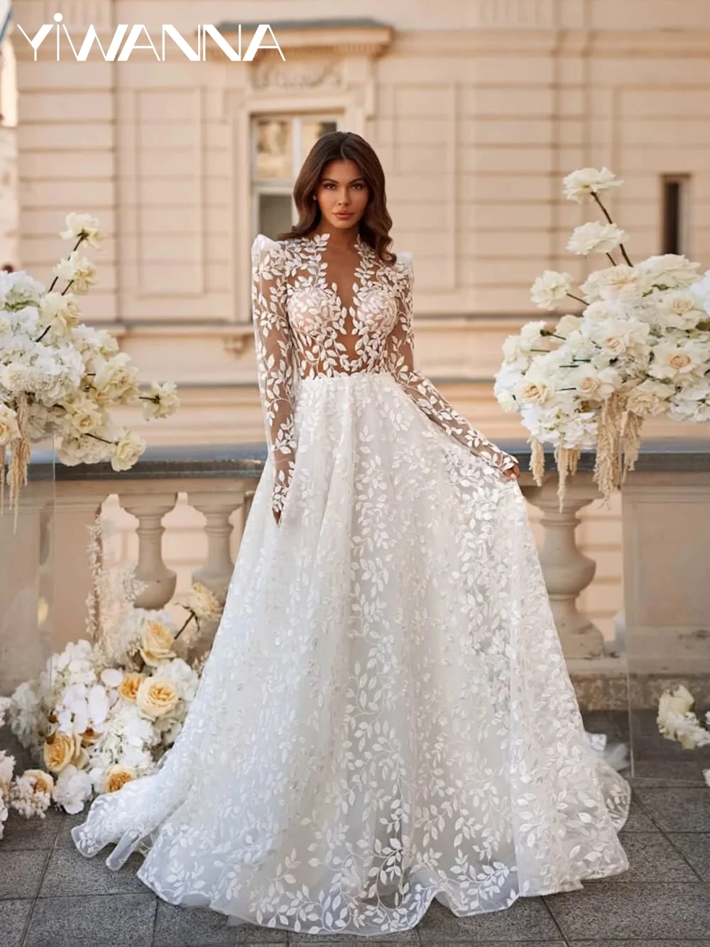 

Dreamy Lace Appliques Long Sleeve Wedding Dress Charming Puff Sleeve A-line Bridal Gown Customized Backless Dresses For Bride
