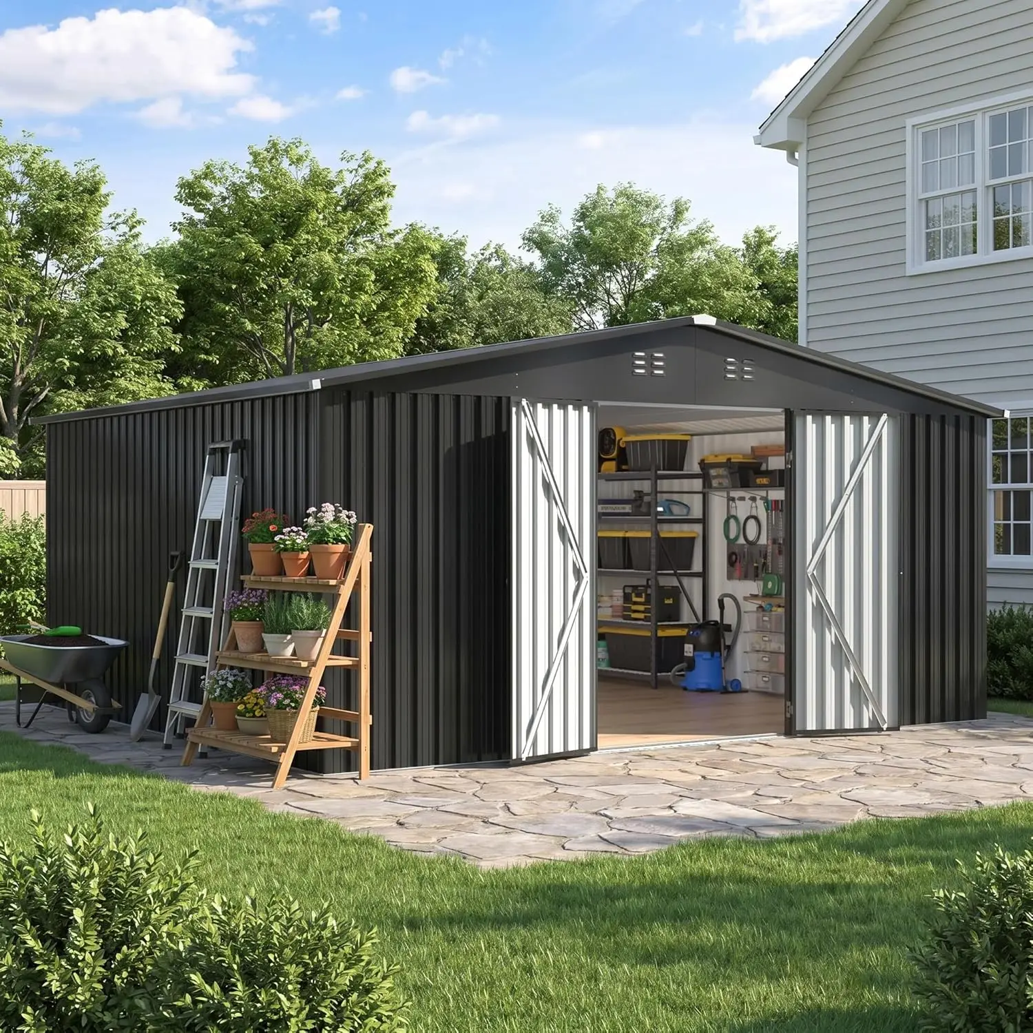 

14X12 FT Durable Outdoor Storage Shed,Garden Shed with Upgraded Frame & Lockable Doors,Metal Sheds with Sloped Roof for Patio Ga