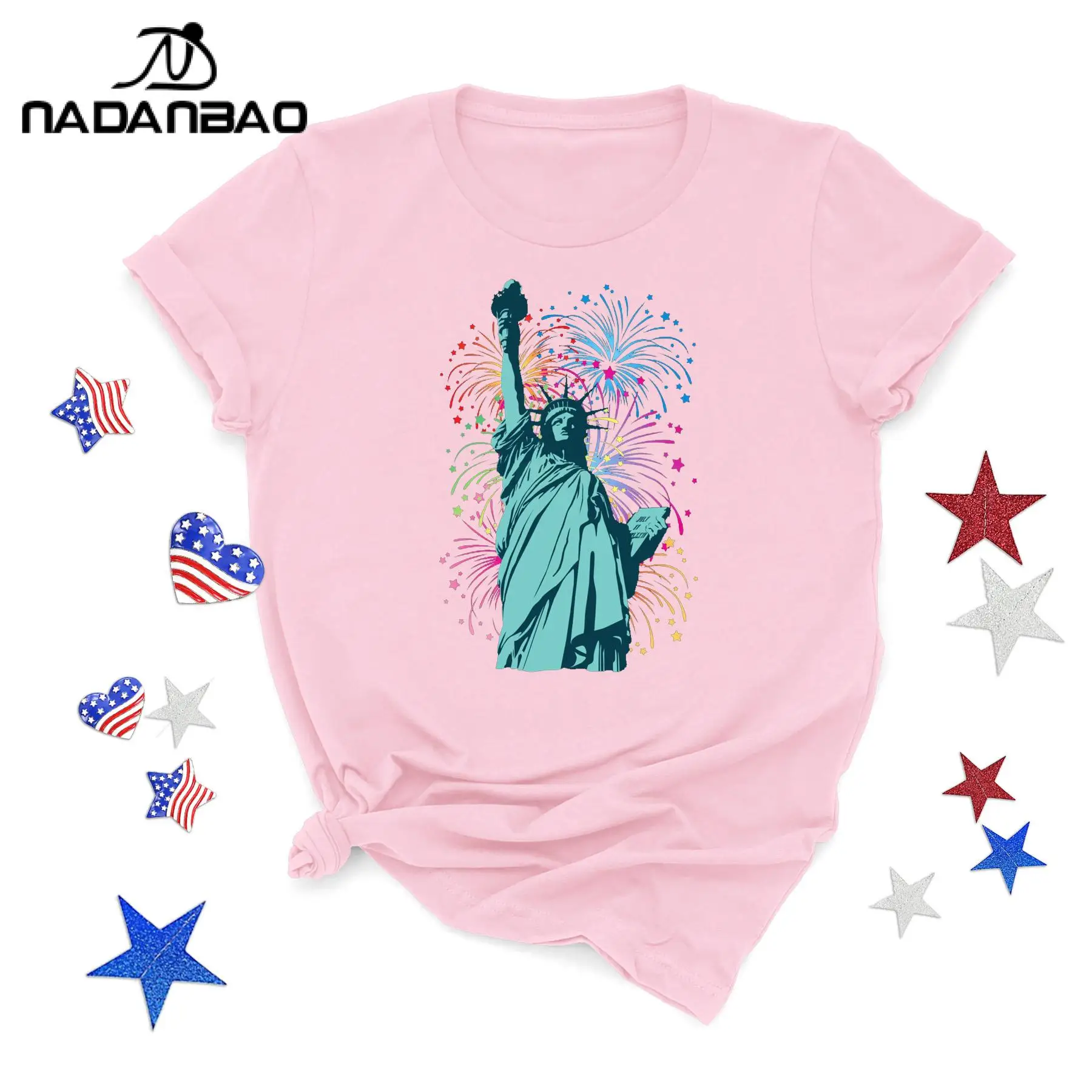 Nadanbao Women's Short Sleeved T-Shirt American Statue of Liberty Printed Round Neck Loose Short Sleeved Sportswear