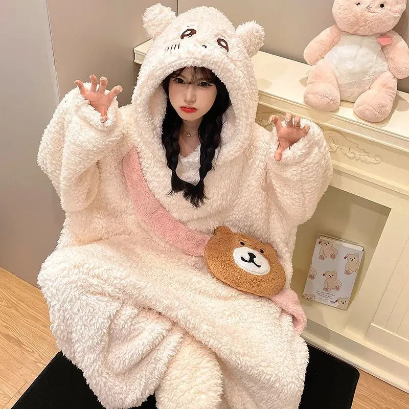 Winter Chiikawa Hooded Robe Women Coral Fleece Jumpsuit Pajamas Kawaii Nightgown Cartoon Thick Warm Sleepwear Girls Loungewear