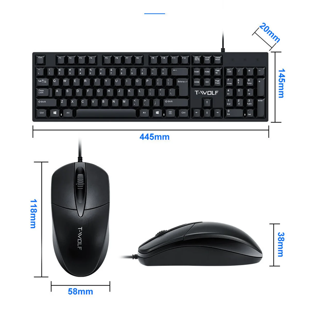 T-wolf TF500 Wired Keyboard and Mouse Combo USB Ergonomic Waterproof 1000 DPI Office Gaming Set for PC Laptop 5