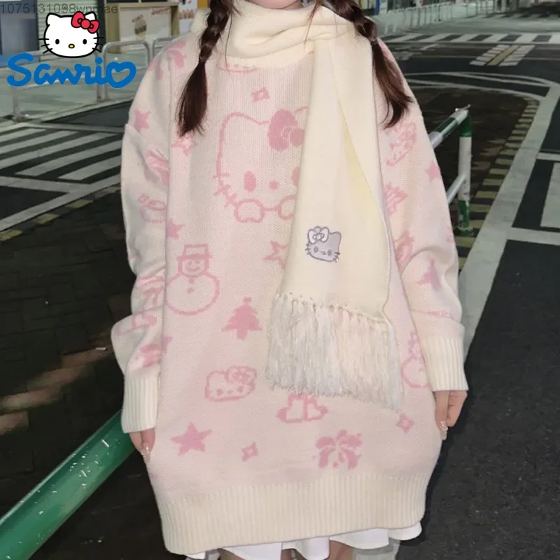 Sanrio Hello Kitty Christmas Jacquard Knitted Pattern Pullovers Women Cute Cartoon Sweet Sweater Y2k Knitwear Top Winter Clothes