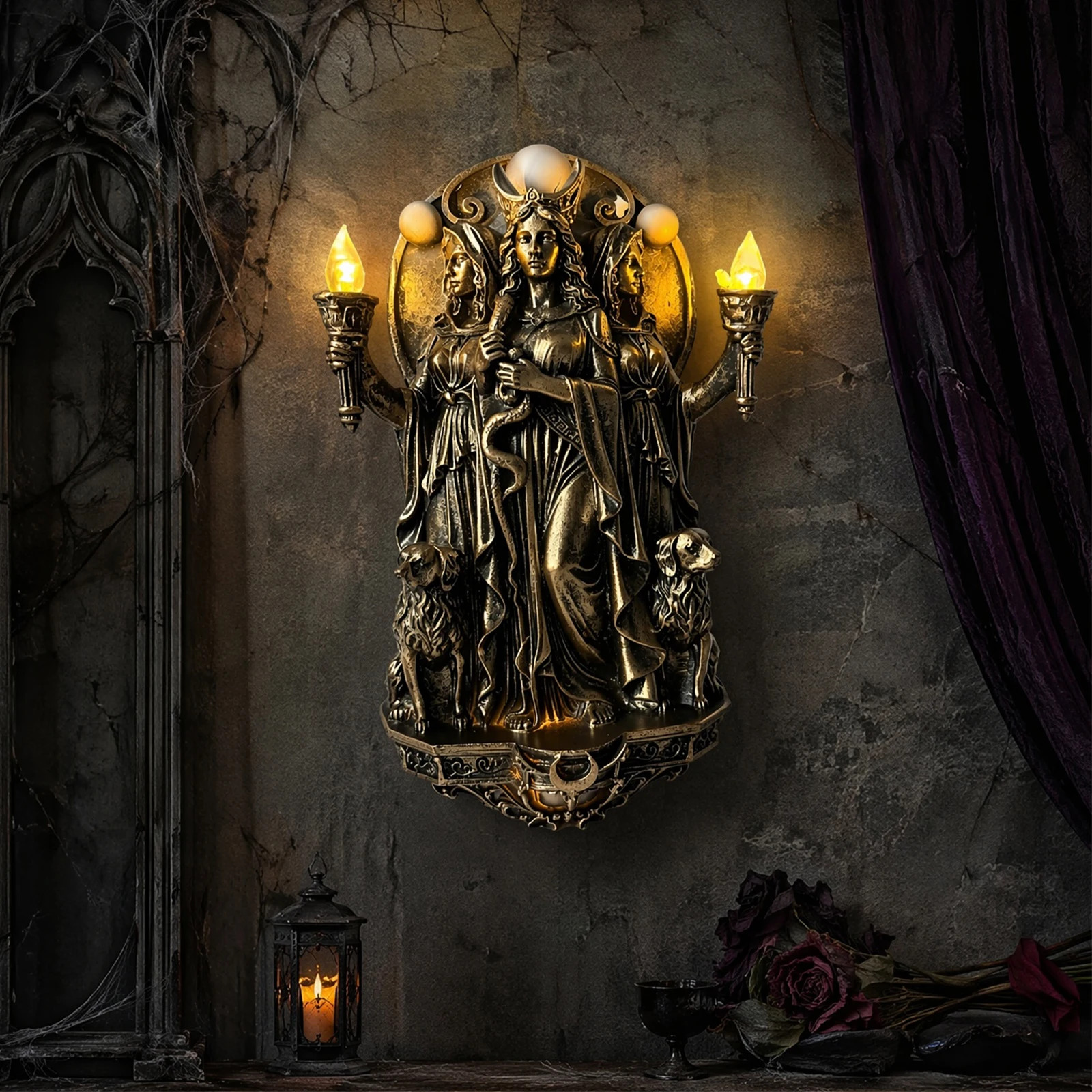 Triple Goddess Wall Lamp with Torches & Dogs Wall Mounted Lights Cordless Design Wall Sconces for Bedroom Stair Hallway