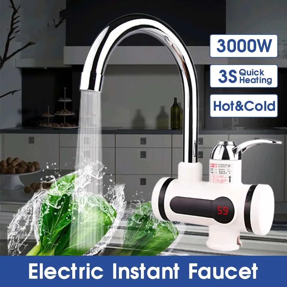 3000W Temperature Display Instant Hot Water Tap Tankless Electric Faucet Kitchen Instant Hot Faucet Water Heater Water Heating