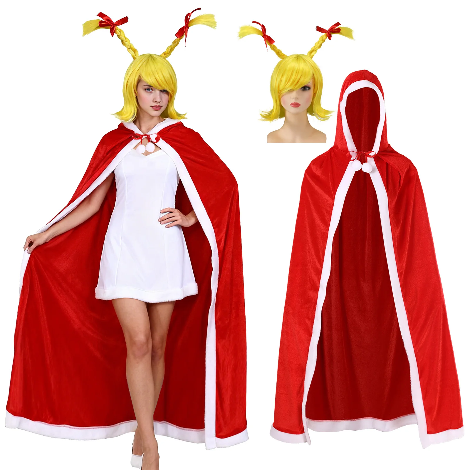 

Adult Christmas Cape Velvet Cloak Hooded Robe Cindy Lou Who with Yellow Wig Christmas Cosplay Accessories