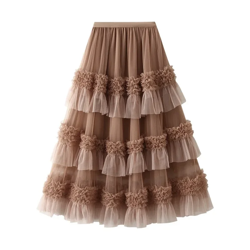 2024 Autumn and Winter New Color Scheme Fashionable Dress for Women Big Swing Yarn Skirt Sweet Lace Pleated Edge Dancing Skirt