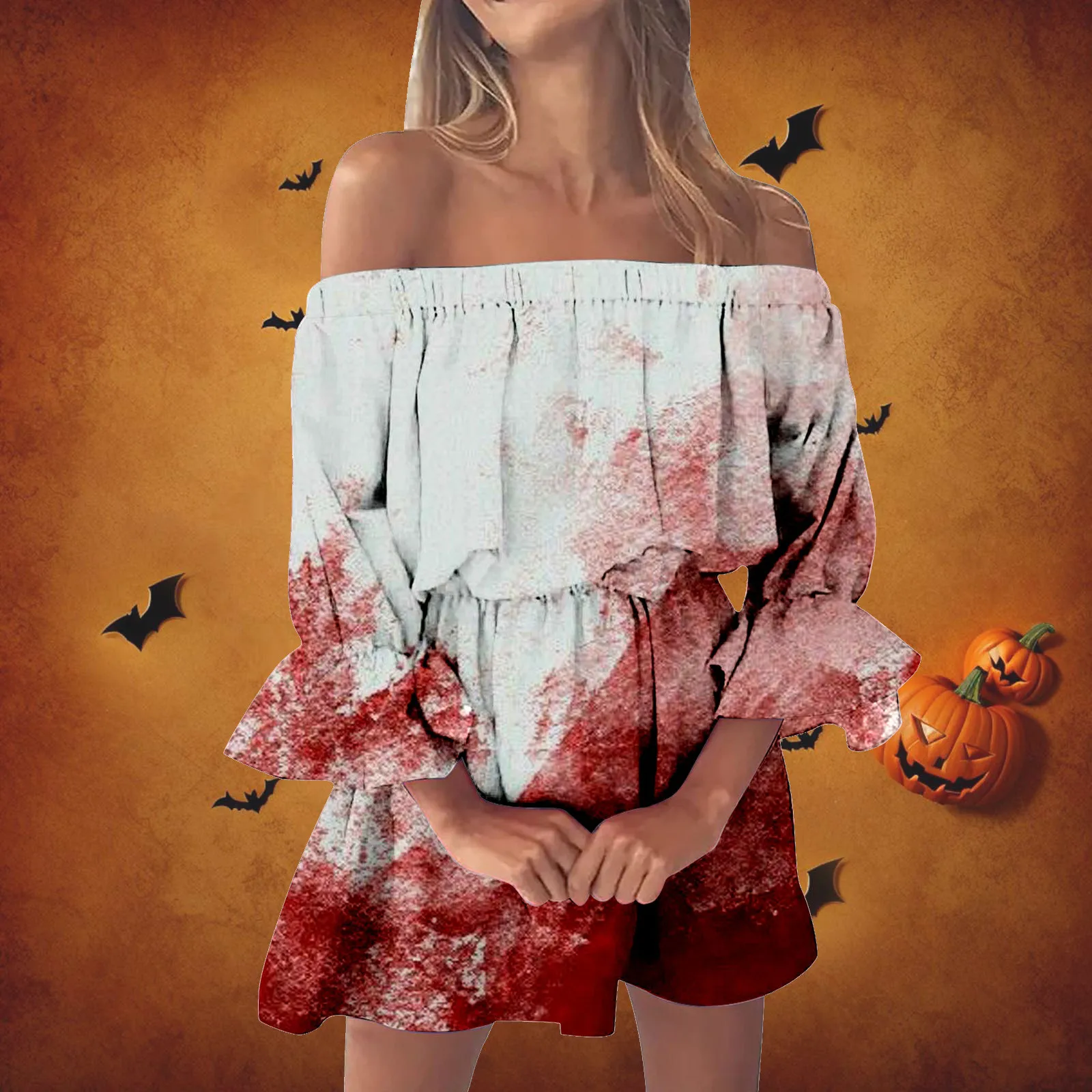 Women'S Halloween Featured Dress Line Shoulder Off-The-Shoulder Sexy Dress Colorful Horror Print Holiday Casual Dress