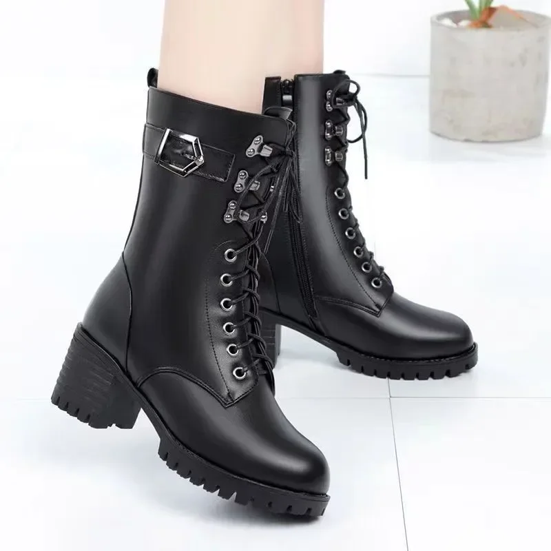 Cross-lace Up Fashion Platform Shoes for Women 2023 New Cold-proof and Warm Winter Women\'s Boots Short Plush Black Zipper Boots